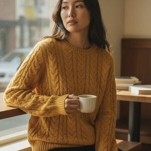 American Eagle Marigold Yellow Cable Knit Sweater Womens Medium Cozy Fall